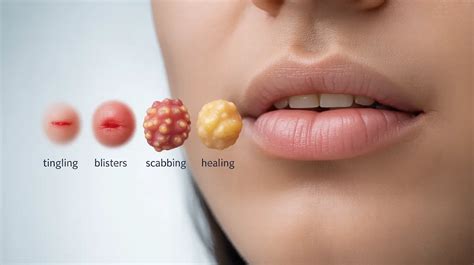 Illustration showing the stages of a cold sore outbreak: tingling, blistering, weeping, scabbing, and healing.
