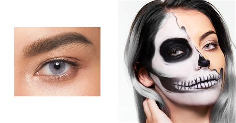 A striking example of half-skeleton Halloween makeup, showcasing intricate details on one side of the face and a glamorous smoky eye on the other.