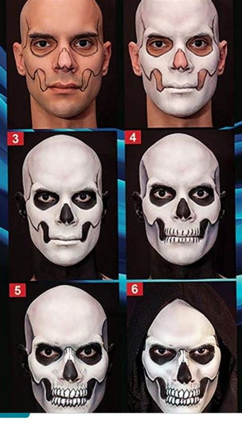 A diagram showing the correct layering technique for skeleton makeup: white paint applied first, followed by black for depth.