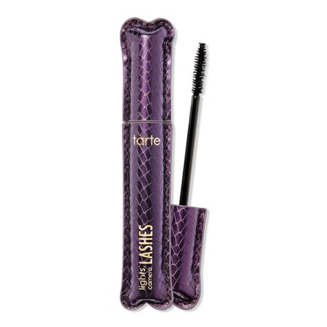 An image showcasing the Tarte Lights, Camera, Lashes 4-in-1 mascara tube and wand.