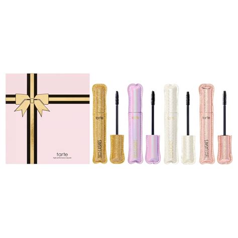 A close-up infographic comparing lash length and volume achieved by Tarte Lights, Camera, Lashes mascara.
