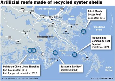 Historical map or illustration depicting abundant oyster reefs in a coastal area, contrasted with a modern image showing degraded or absent reefs.
