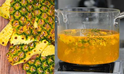 A visual guide showing the ingredients and steps for making pineapple peel tea.