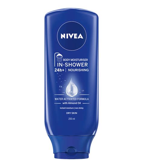 An illustration showcasing the step-by-step application of NIVEA In-Shower Body Lotion in a shower setting.