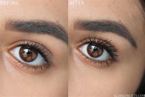 Before and after comparison of lashes with Maybelline The Colossal Big Shot mascara