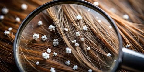 Illustration showing a magnified view of the scalp with visible dandruff flakes.