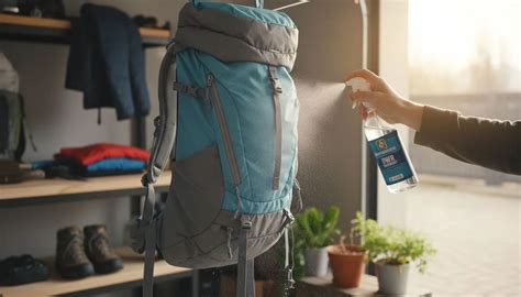 A person applying DWR spray to a North Face backpack.