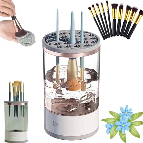 A close-up shot of the Norate makeup brush cleaner in action, showing a brush spinning in the cleaning solution.