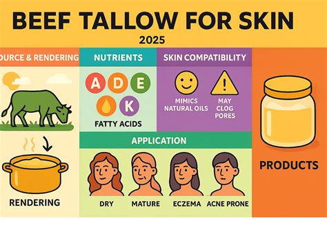 Infographic showing the key vitamins (A, D, E, K) present in beef tallow and their skin benefits.