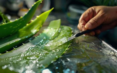 Diagram illustrating the step-by-step process of extracting aloe vera gel from a leaf.