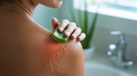 Split image: one side shows a person applying aloe vera to a sunburn, the other shows aloe vera gel being applied to an acne spot.