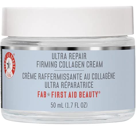 Aesthetic shot of the First Aid Beauty Ultra Repair Firming Collagen Cream jar and packaging.