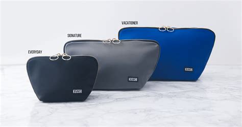 A collection of Kusshi makeup bags in various pastel colors.