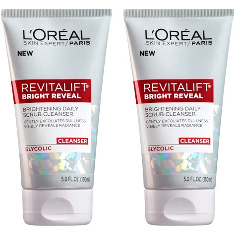 A selection of L'Oréal Revitalift Bright Reveal skincare products, including cleanser, peel pads, day moisturizer, and night cream.