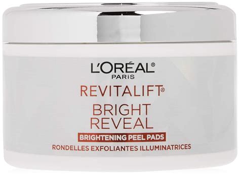 Close-up of L'Oréal Revitalift Bright Reveal Brightening Peel Pads, showing their texture and packaging.