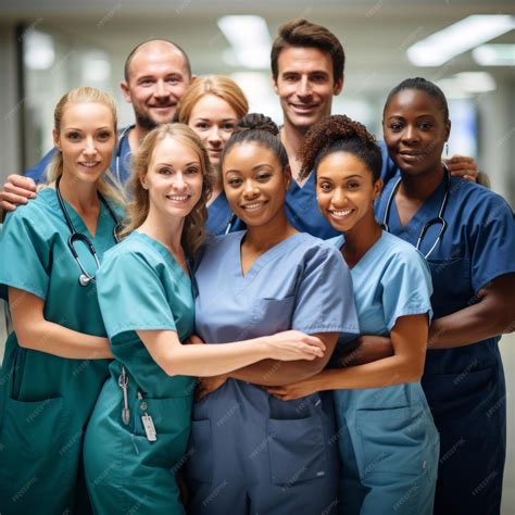A diverse team of friendly medical professionals smiling and interacting with a patient.