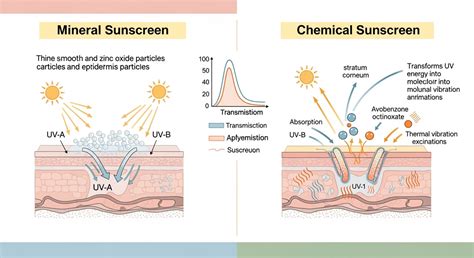 Infographic comparing mineral and chemical sunscreens, highlighting zinc oxide's reflective properties.