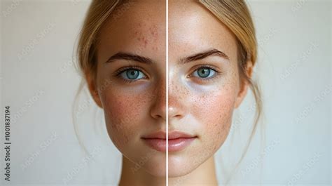 Split image showing a comparison: left side with inflamed acne, right side with calm, clear skin after using benzoyl peroxide.