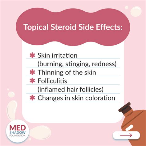 Image depicting common side effects of topical steroid use: skin thinning, bruising, and redness.