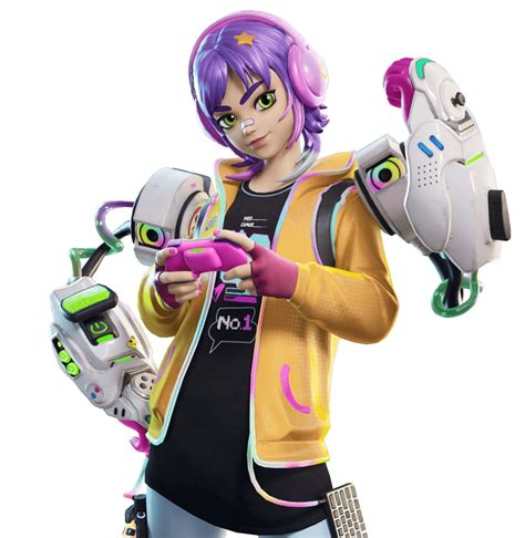 Illustration showcasing the diverse range of original Fortnite skins, highlighting Mae with her gamepad-controlled robotic arms and Agent Patch the panda.