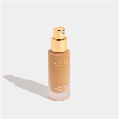 Aesthetic shot of the Ogee Complexion Perfecting Tinted Serum bottle, highlighting its luxurious packaging.