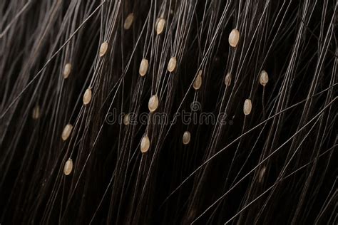 Close-up image of nits attached to hair strands near the scalp.