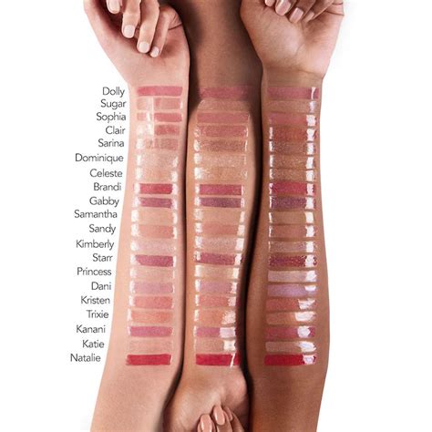 Swatches of Buxom Full-On Lip Polish in Dolly on different skin tones.