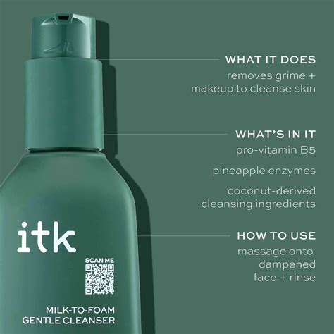 Illustration of the ITK Milk to Foam Cleanser bottle with key ingredient callouts.