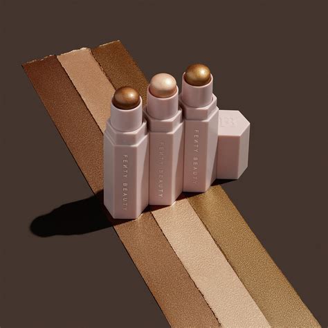 Collage of mini makeup products for travel: Fenty Match Stix, Bare Minerals Tinted Moisturizer, Nars Orgasm Blush, Charlotte Tilbury Mini Pillow Talk Cheek Set.
