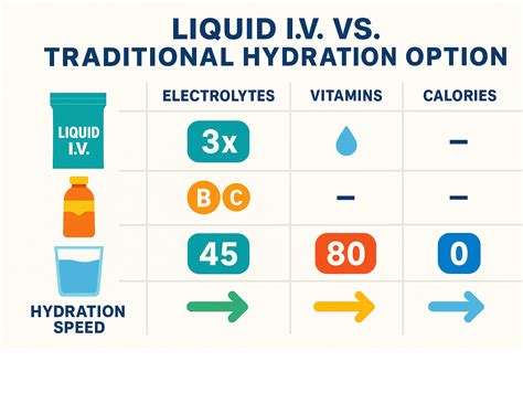 Infographic comparing hydration benefits of Liquid IV versus water, listing essential vitamins.