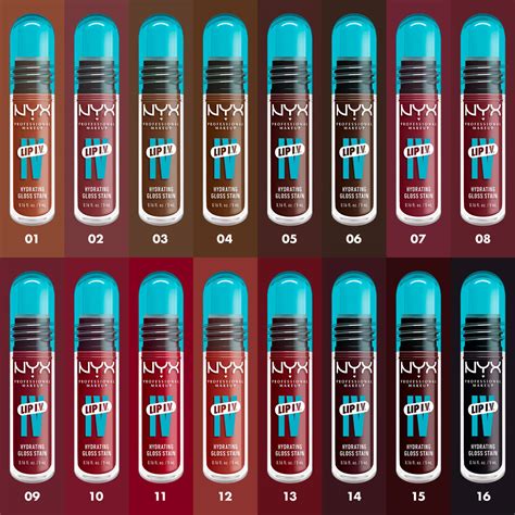 Collage of swatches showing the diverse shade range of the NYX Lip IV Hydrating Gloss Stain