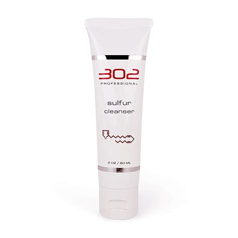 Close-up of the 302 Skincare Sulfur Cleanser bottle, highlighting its 