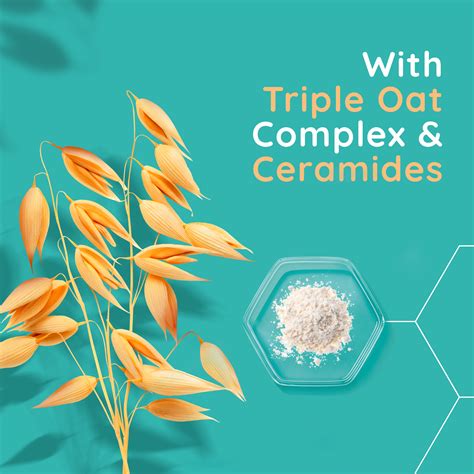 Illustration showing the Triple Oat complex and its components: oat flour, oat extract, and oat oil.