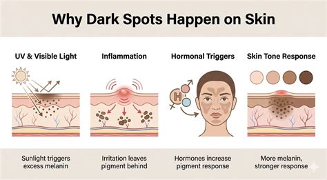 Infographic illustrating common causes of dark spots: sun exposure, hormonal changes (pregnancy, acne), and aging.