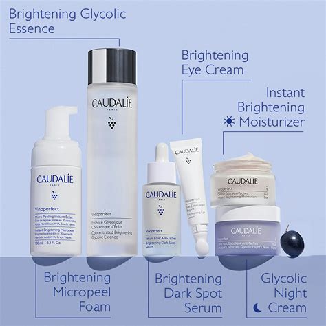 A visual comparison showing skin with and without the Caudalie Vinoperfect products, highlighting improved evenness and brightness.