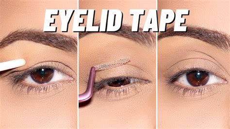 Before and after comparison of eyes with and without eyelid tape makeup