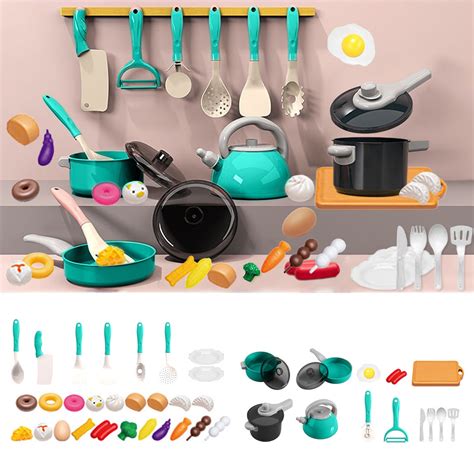 A colorful play kitchen set for toddlers with miniature cookware and utensils.