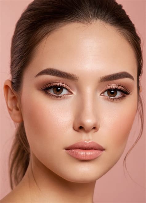 A model with glowing, dewy skin, minimal eye makeup, and a nude lip.