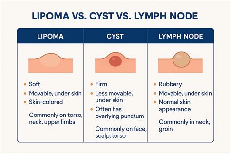 Diagram illustrating common types of benign lumps under the skin (e.g., cyst, lipoma, dermatofibroma) and characteristics of potentially concerning lumps.