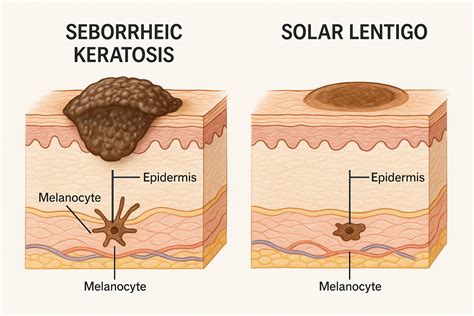 Illustration showing the appearance of a cherry hemangioma and a seborrheic keratosis.