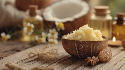 A visually appealing arrangement of ingredients for homemade sunscreen, including shea butter, coconut oil, beeswax, and essential oils, with a small glass jar.