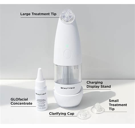 Split image showing the BeautyBio GLOfacial device and a close-up of its treatment tip.