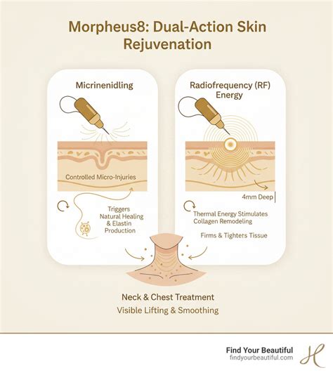 Infographic illustrating the dual-action approach of Morpheus8, showing microneedling and radiofrequency energy penetrating skin layers.