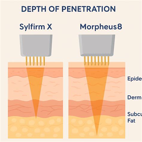 Diagram comparing the penetration depth and target layers of Morpheus8, traditional microneedling, and laser treatments.