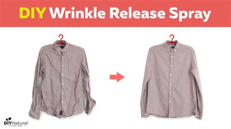 Infographic illustrating the three-step process of using wrinkle release spray: spray, smooth, and hang/lay flat.