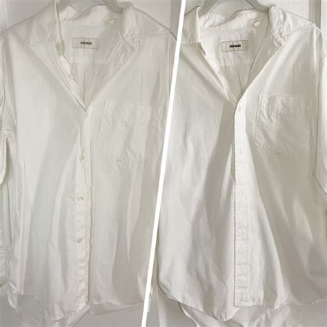 Before and after photos of a button-down shirt treated with Faultless ReWear Dry Wash Spray.