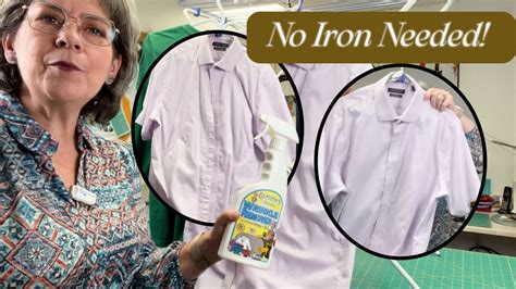 Before and after photos of a button-down shirt treated with Grandma's Secret Wrinkle Remover.