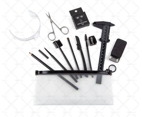 Collage of various brow mapping tools: rulers, pencils, string, and razors.