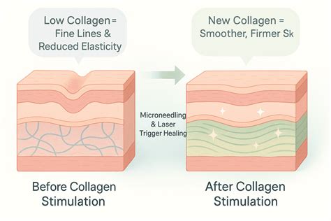 Infographic illustrating the process of collagen stimulation and skin remodeling by laser therapy for pore reduction.