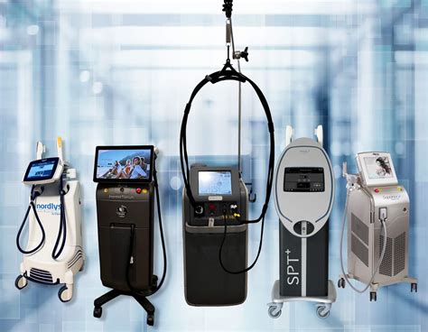 Collage of different laser devices used for skin treatments, with labels indicating their application for pore reduction.